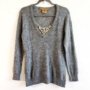 Tory Burch Sweater Grey Embellished Gamma V Neck Knit Sz M GUC Beaded Metal Neck